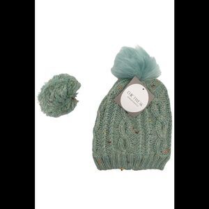 Chic Tweak Knit Beanie with Removable Poms Blue